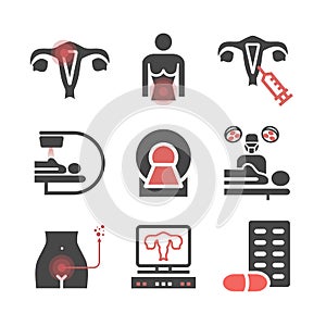 Cervical Cancer. Symptoms, Causes, Treatment. Icons set. Vector signs for web graphics.