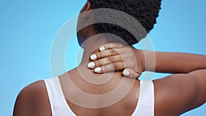 Cervical osteochondrosis. Close up shot of unrecognizable young african american woman suffering from neck pain