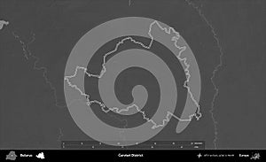 Cervien District outlined, Belarus. Grayscale