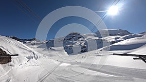 Cervinia, Italy. Panoramic view of the slopes and the Plateau Rosa glacier. Italian Alps in the winter at Breuil Cervinia