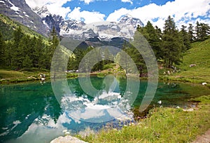 Cervinia, Valle d'Aosta, Italy. Lake blue.