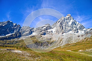 Cervino mount Matterhorn seen from Plan Maison, Breuil-Cervinia, Val D`Aosta, Italy.