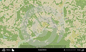 Cerykau District outlined, Belarus. Topographic Humanitarian