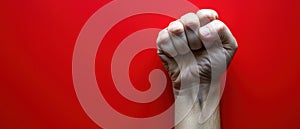 Cesar Chavez Day Background. Clenched Fist Raised in Solidarity Against Red Background. photo