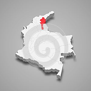 Cesar region location within Colombia 3d map