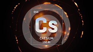 Cesium as Element 55 of the Periodic Table 3D illustration on orange background