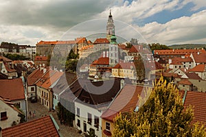 CESKY KRUMLOV, BOHEMIA, CZECH REPUBLIK - View of the Old town, Castle and Castle tower at sunset