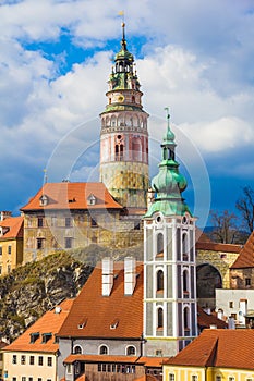 Cesky Krumlov castle with dramatic stormy sky, Czech Republic