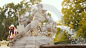 Cesky Krumlov, Czech Republic. Old Fountain In Castle Garden In Autumn Day