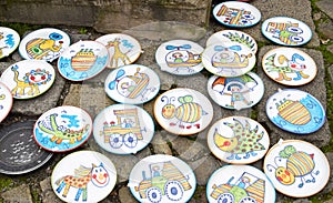 Cesky Krumlov, CZECH REPUBLIC - September 26, 2014: Souvenir plates on bohemian fair