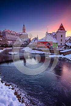 Cesky Krumlov, Czech Republic at winter sunrise.