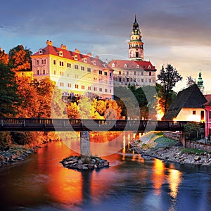 Cesky Krumlov historical old town at dramatic sunset, Southern Bohemia, Czech Republic