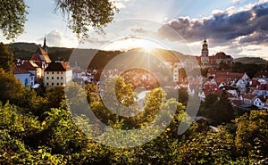 Cesky Krumlov historical old town at dramatic sunset, Southern Bohemia, Czech Republic