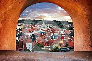 Cesky Krumlov historical old town at dramatic sunset, Southern Bohemia, Czech Republic