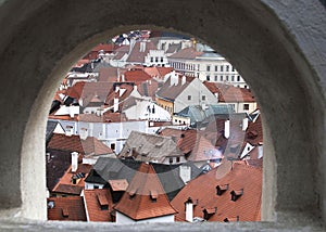 Cesky Krumlov from loop-hole from castle wall