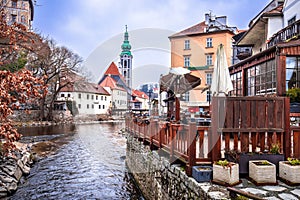 Cesky Krumlov scenic architecture and Vltava river dawn view