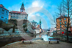 Cesky Krumlov scenic architecture and Vltava river dawn view