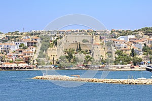 Cesme castle with marina area with small pier in Cesme, ÃÂ°zmir
