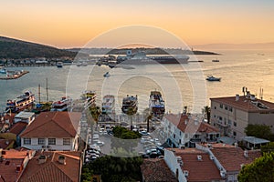 Cesme, Izmir, Turkey - August 25 2021: Aerial Panoramic view of Cesme city with Marina