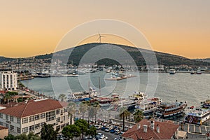 Cesme, Izmir, Turkey - August 25 2021: Aerial Panoramic view of Cesme city with Marina