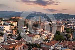 Cesme, Izmir, Turkey - August 25 2021: Panoramic aerial view of Cesme City