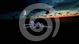 Cessna cruising above ocean at sunrise, moon on the background