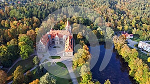 Cesvaine Medieval Castle in Latvia From Above Top View. A Manor House of the Late 19th Century, a Building of Stones With a Brown