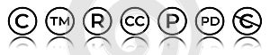 Cet of circular copyright and trademark icons. Right reserved signs.