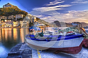 Cetara fishing village Amalfi coast watery reflections at sunr photo