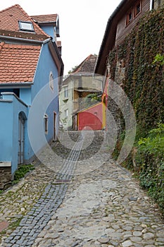 The Cetatii street is leading to the entrance to the old town in Sighisoara city in Romania