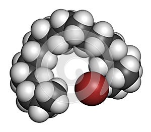 Cetrimonium bromide antiseptic surfactant molecule. 3D rendering. Atoms are represented as spheres with conventional color coding.