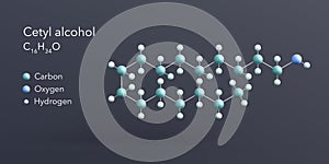 cetyl alcohol molecule 3d rendering, flat molecular structure with chemical formula and atoms color coding photo