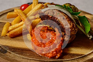 Cevapcici with Onions, Ajvar and French Fries