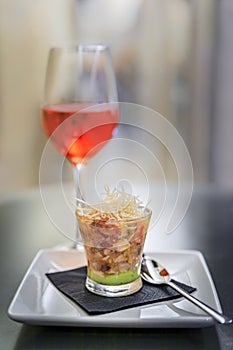 Ceviche pintxos with a glass of Spanish rose or rosado in Pamplona, Spain