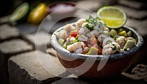 Ceviche On Stone, Blurred Background, Rustic Pub. Generative AI