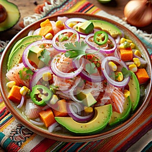 Ceviche is the typical Peruvian dish, which consists of raw fish or seafood marinated in lemon juice.