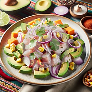 Ceviche is the typical Peruvian dish, which consists of raw fish or seafood marinated in lemon juice. photo