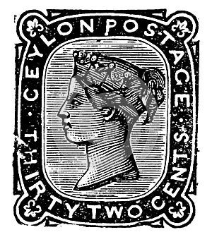 Ceylon Thirty Two Cents Stamp in 1872, vintage illustration