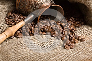 Cezve with freshly roasted coffee beans