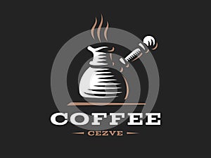 Cezve logo - vector illustration. Cofee emblem on black background