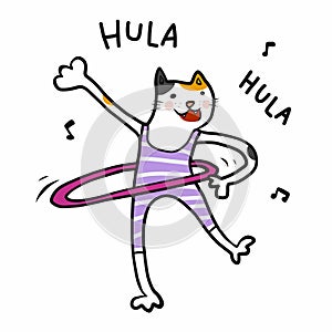 Cat play hulahoop and sing hula hula cartoon illustration