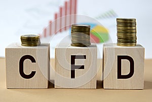 CFD - abbreviation on wooden balls on a background of coins and graphics