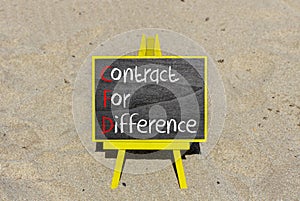 CFD symbol. Concept words CFD contract of difference on beautiful black chalk blackboard. Beautiful sand beach background.