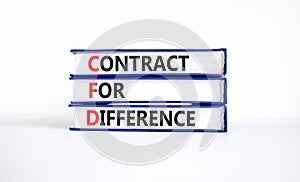 CFD symbol. Concept words CFD contract of difference on beautiful books. Beautiful white table white background. Business and CFD