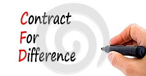CFD symbol. Concept words CFD contract of difference on beautiful white paper. Beautiful white table white background. Businessman