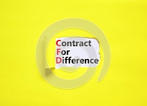 CFD symbol. Concept words CFD contract of difference on beautiful white paper. Beautiful yellow table yellow background. Business