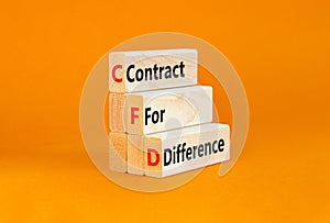 CFD symbol. Concept words CFD contract of difference on beautiful wooden block. Beautiful orange table orange background. Business