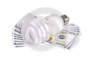 CFL Fluorescent Light Bulb with money dollar cash isolated