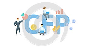 CFP, Certified Financial Planner. Concept with keywords, people and icons. Flat vector illustration. Isolated on white.