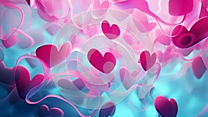 cg abstract motion background with pink hearts waving on blue aqua background valentines day love concept loop